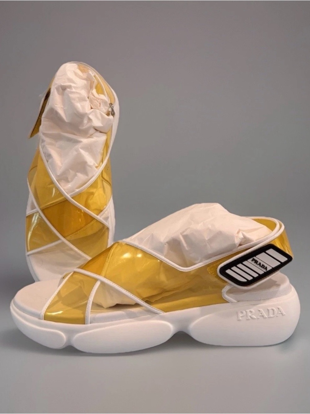 NWB PRADA Woman’s Yellow Cloudbust PVC Sandals Plexi Size US 6.5 (1X470L)
